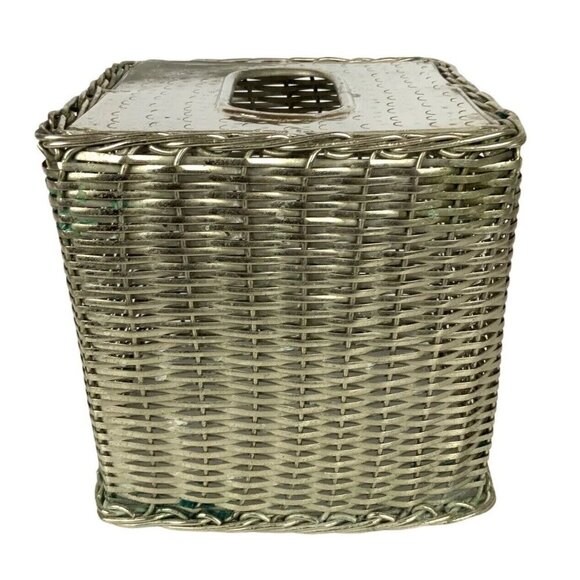Square Silver Metal Basketweave Tissue Box Holder With Hammered Chrome Finish - Picture 2 of 7